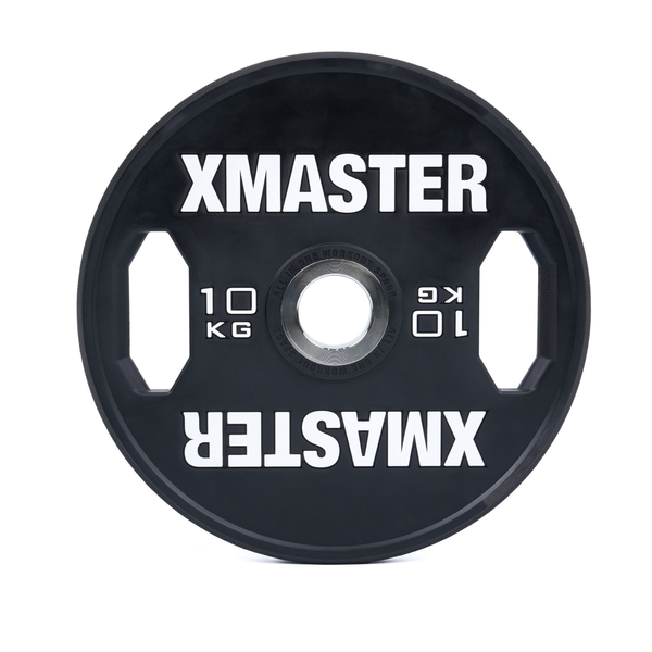 Чорні диски для пауерліфтингу з ручками XMaster Hand Grip Black Urethane Powerlifting Plate XmasterHandGripBlackUrethanePowerliftingPlate10kg фото