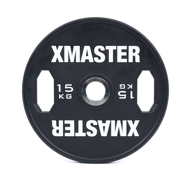 Чорні диски для пауерліфтингу з ручками XMaster Hand Grip Black Urethane Powerlifting Plate XmasterHandGripBlackUrethanePowerliftingPlate10kg фото