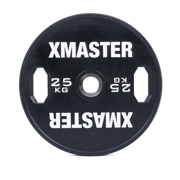 Чорні диски для пауерліфтингу з ручками XMaster Hand Grip Black Urethane Powerlifting Plate XmasterHandGripBlackUrethanePowerliftingPlate10kg фото